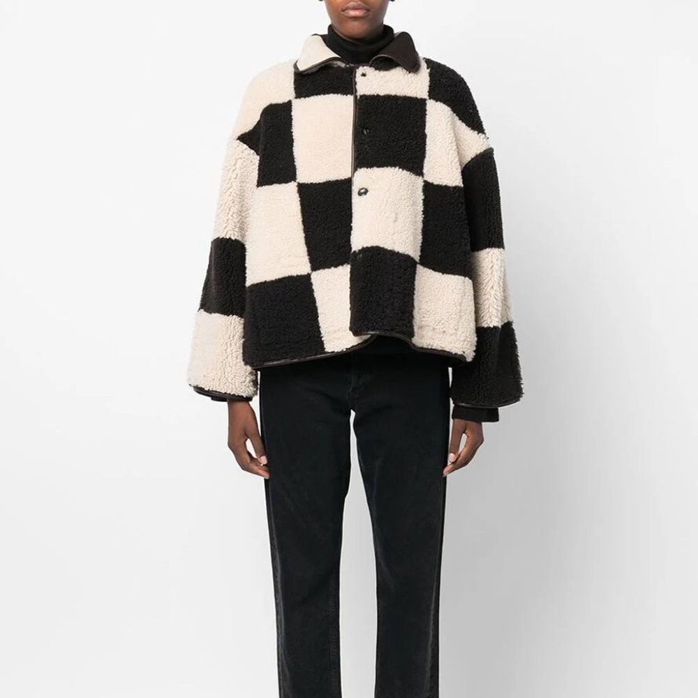 Cawley Studios Avis Sheepskin Jacket in Chocolate / Chalk Patchwork check XXS